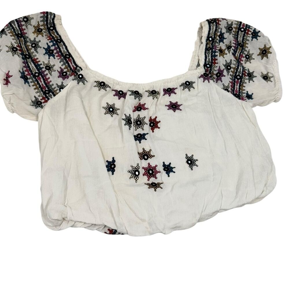 Free People White Embroidered Cropped Peasant Top with Multicolor Accents - Picture 3 of 8